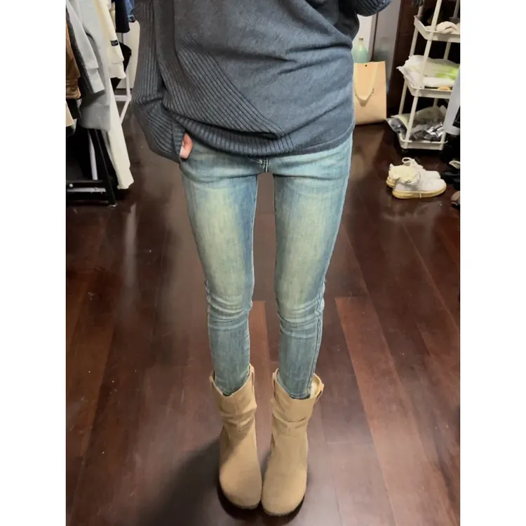 美式小众复古做旧弹力显瘦九分牛仔裤女2025新款修身百搭小脚裤子