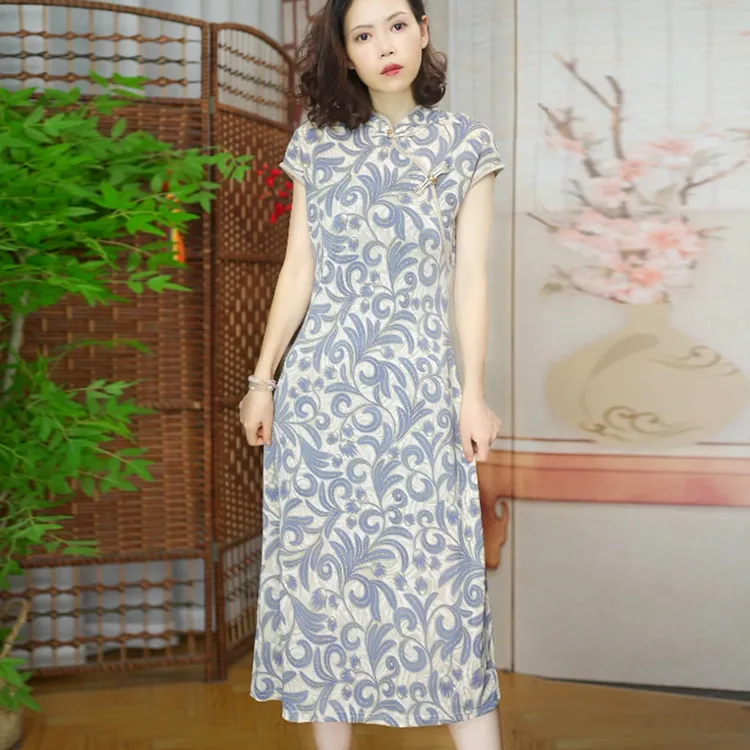 330新中式改良旗袍夏季女装连衣裙中长款中国风格子旗袍裙民族风