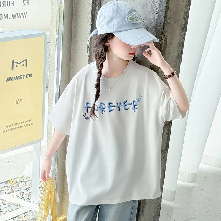 白色女童短袖韩版印花棉T恤夏季吸汗舒适宽松休闲