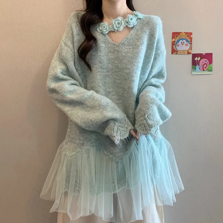 高级感挂脖针织衫毛衣女2025新款秋季大码胖mm中长款网纱下摆上衣