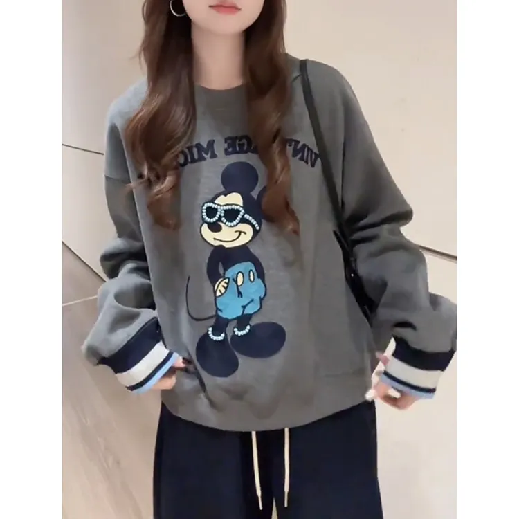 韩系米奇图案字母印花圆领卫衣女春秋款设计感小众洋气减龄上衣
