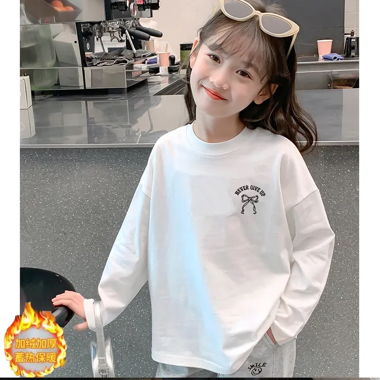 春秋装薄款女童纯棉长袖T上衣中长款秋冬装中大童加绒白色打底衫
