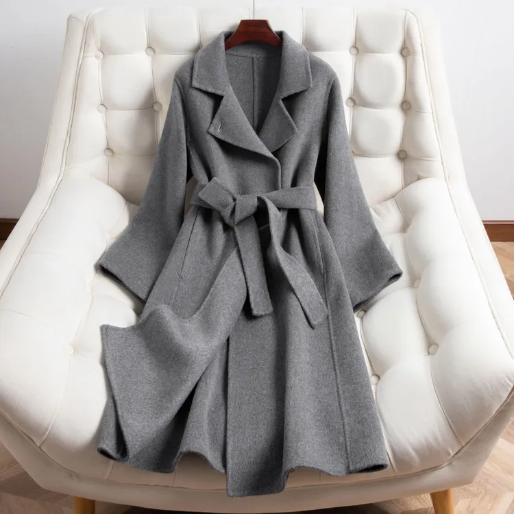 长款腰带纯羊毛双面呢大衣气质女100%绵羊毛西装领羊毛呢大衣