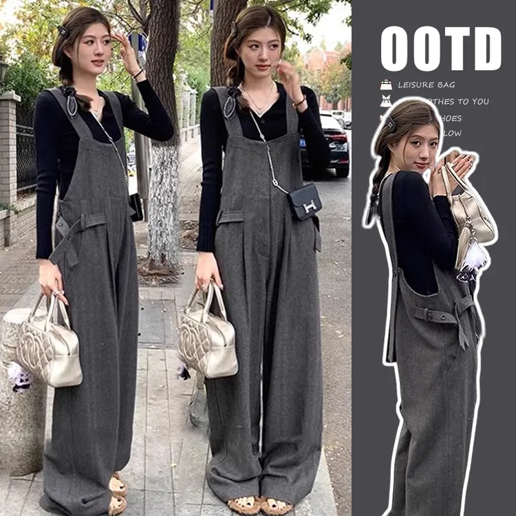 孕妇新款洋气慵懒风宽松毛呢孕妇背带裤休闲气质穿搭打底上衣秋装
