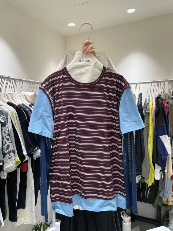 DUODUO新款 袖子拼接网纱条纹长袖防晒T恤