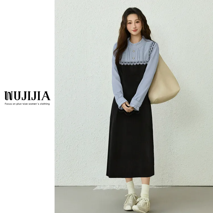 五季家大码简约大方秋冬季假两件黑色连衣裙思思女装ZL55165