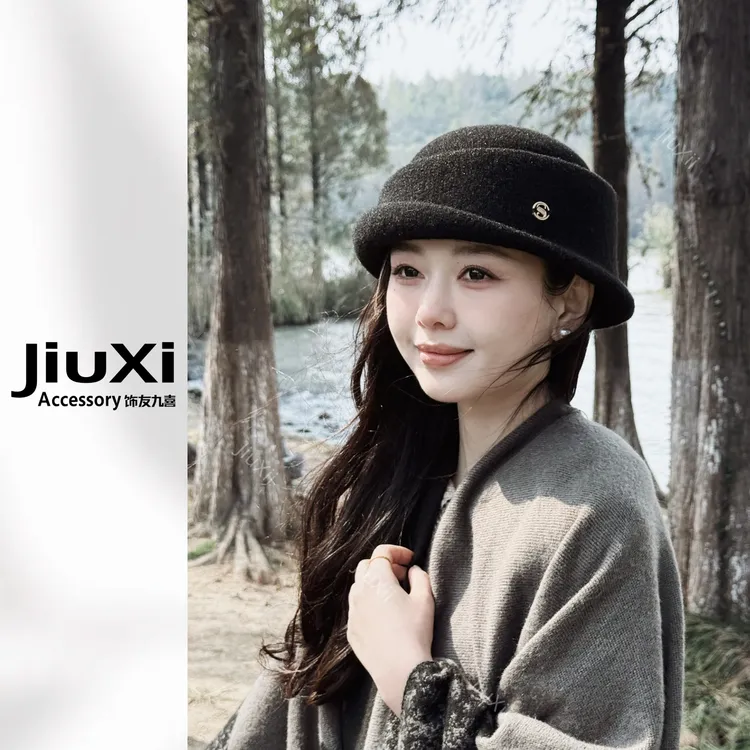 饰有九喜丨「奢雅天成」千金风卷边黑色礼帽秋冬保暖显脸小气质盆帽