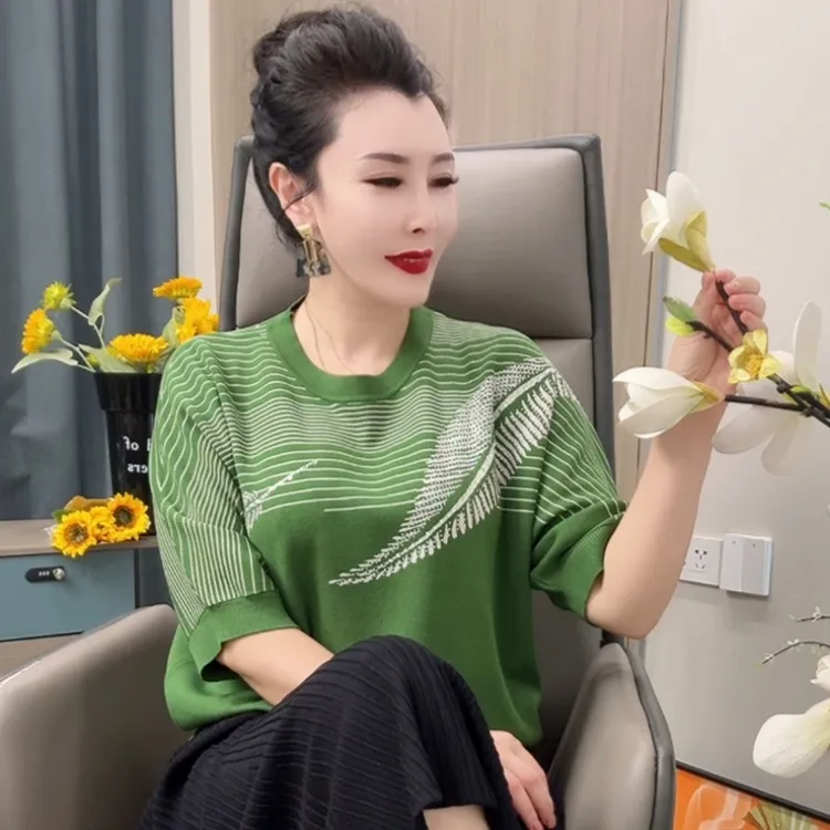 9139针织衫中老年女装条纹宽松小衫半袖绿色常规t恤圆领常规款