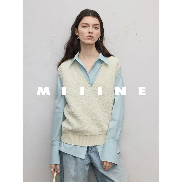 MIIINE叠穿神器 秋冬百搭V领全羊毛马甲女 慵懒羊羔毛背心外搭