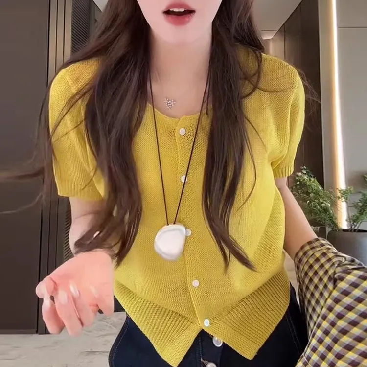 纯色圆领短袖针织衫女装夏季2025年新款设计感开衫上衣通勤薄款潮