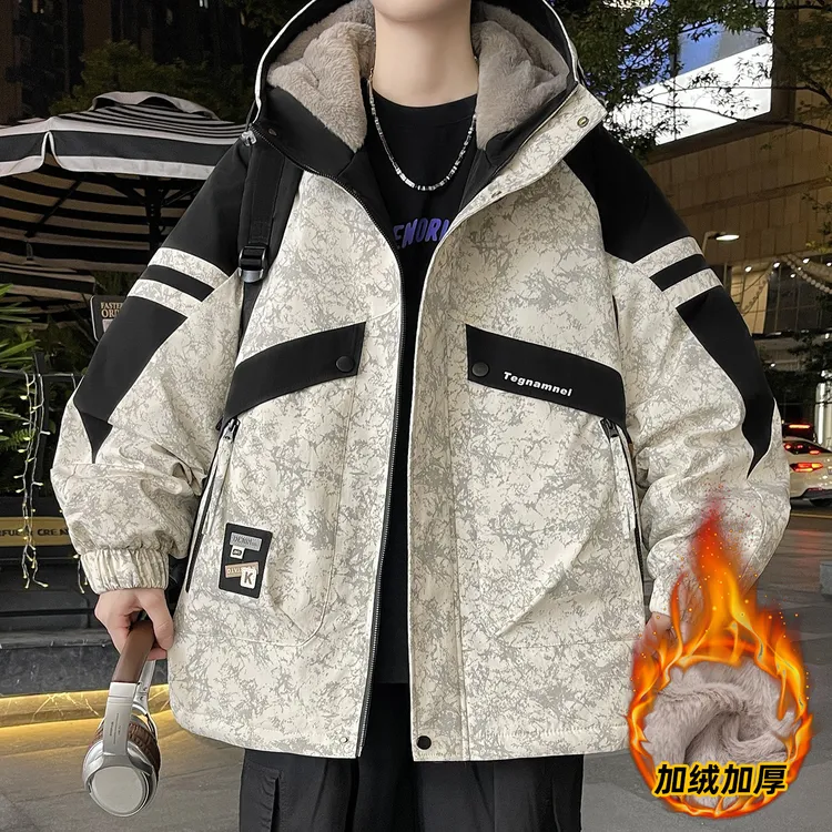 青少年秋冬季加绒加厚潮流百搭宽松版型韩版运动休闲连帽夹克外套