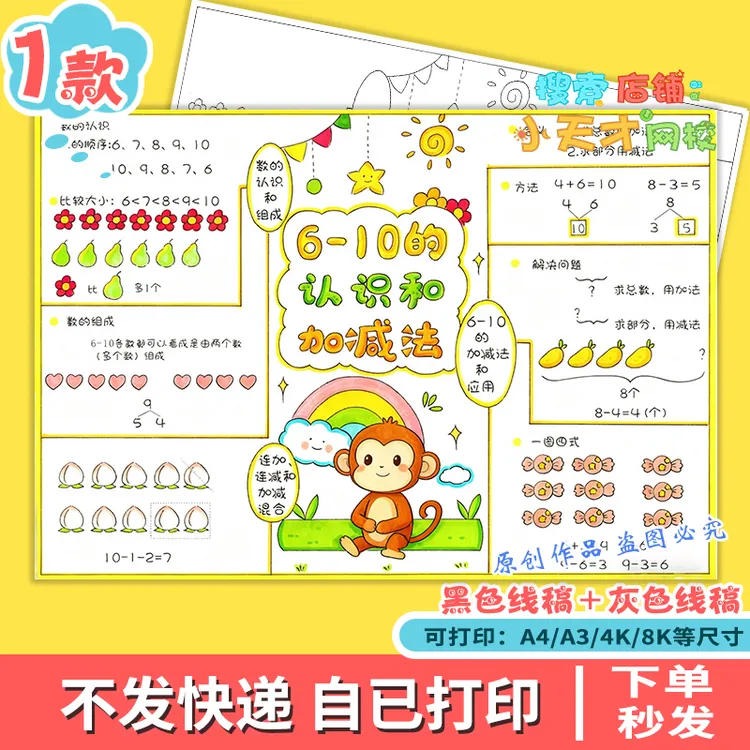 6-10的认识和加减法思维导图一年级上册数学手抄报电子线稿g111