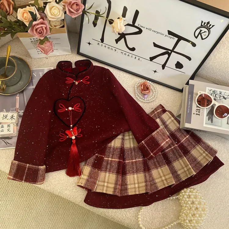 女童新款国风秋冬韩版百搭洋气加绒套装新款童装保暖拜年服两件套