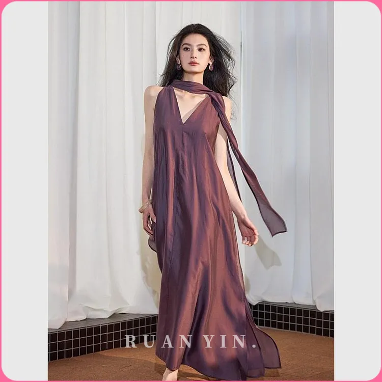 RUAN YIN夏季绝美裙子法式气质高级感独特巨好看紫色背心连衣裙女