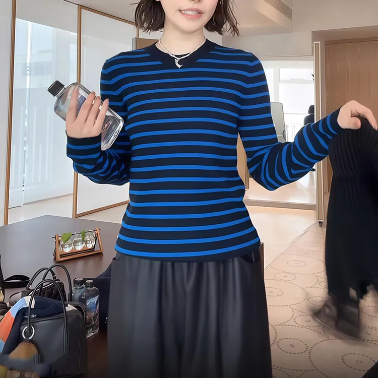 韩系潮流蓝色条纹长袖针织衫女装秋冬季新款设计感小众甜辣妹上衣