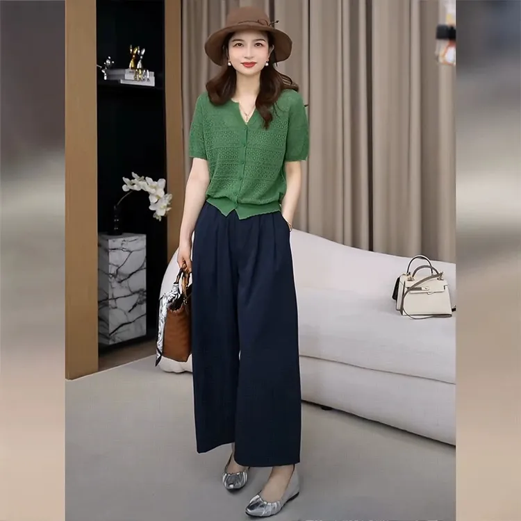 2025超火夏装一整套绿色短袖V领针织上衣女宽松显瘦阔腿裤两件套