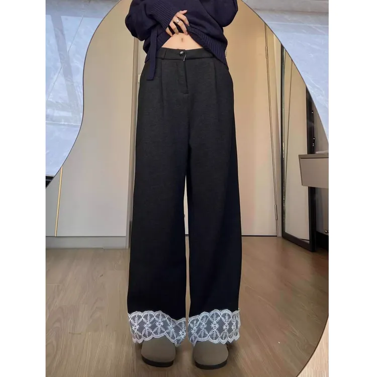 韩系复古甜酷休闲感蕾丝拼接纯色西装裤女春秋高腰小众阔腿裤子