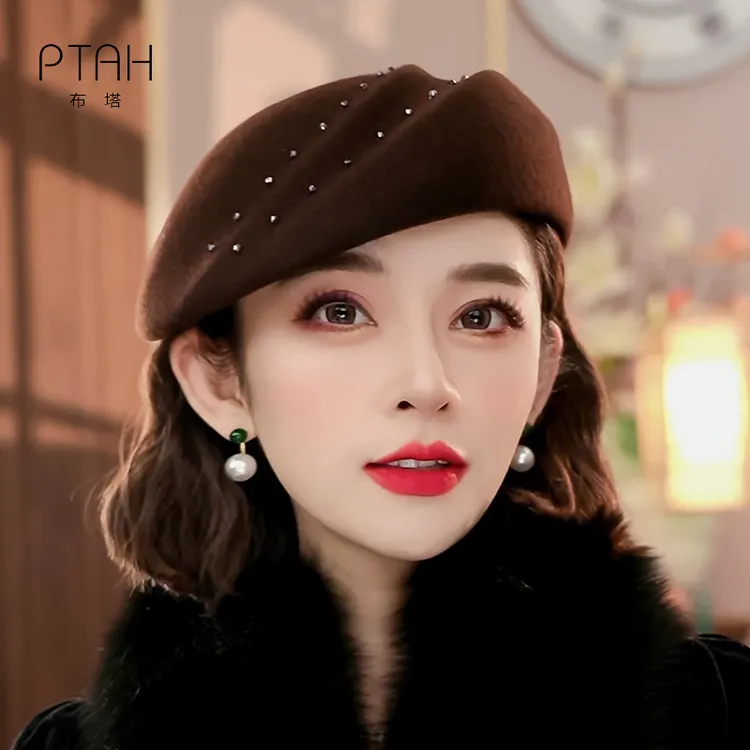 布塔100%纯羊毛秋冬季帽子女贝雷帽英伦复古礼帽纯羊毛呢帽PT1437