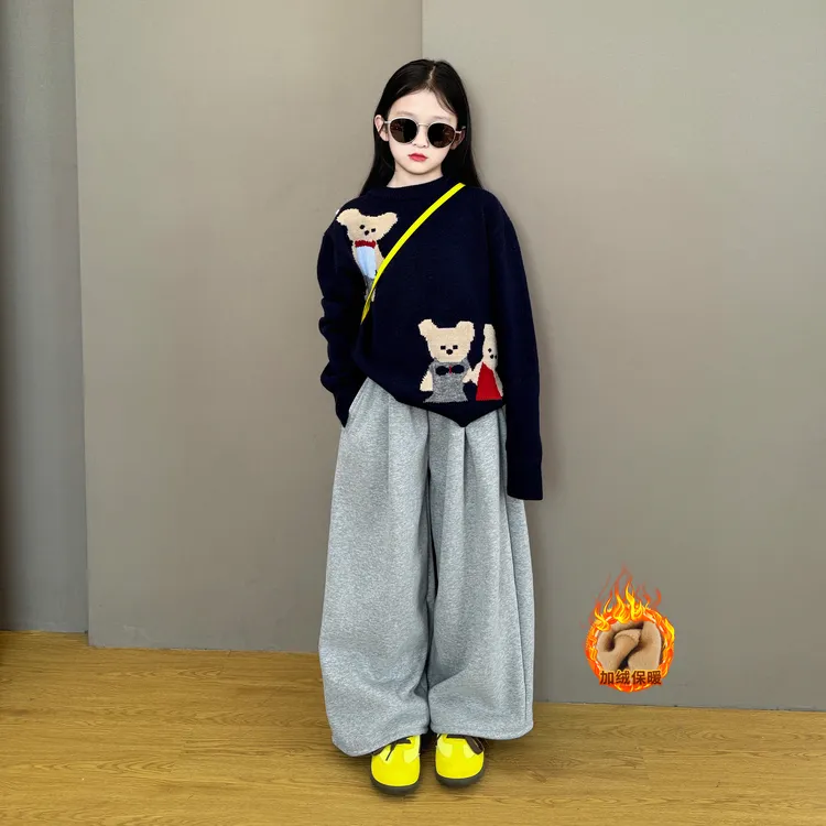 女童2025新款秋冬季韩版小熊宽松甜美毛衣潮品加绒阔腿休闲裤套装