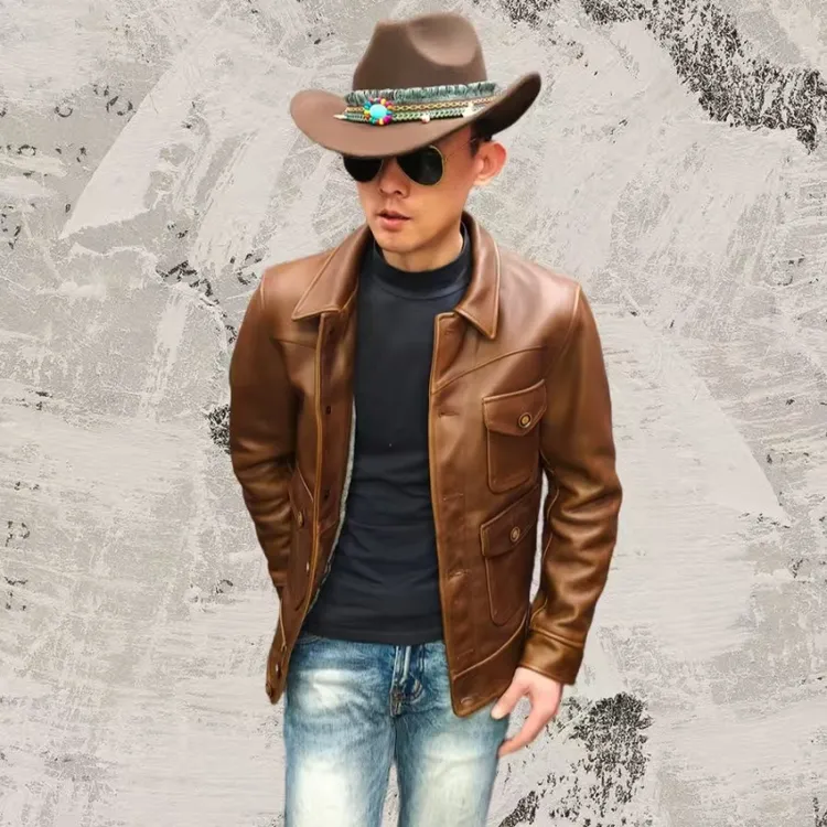 水洗重磅油蜡三兜头层牛皮男士皮夹克外套真皮皮衣修身短款经典帅