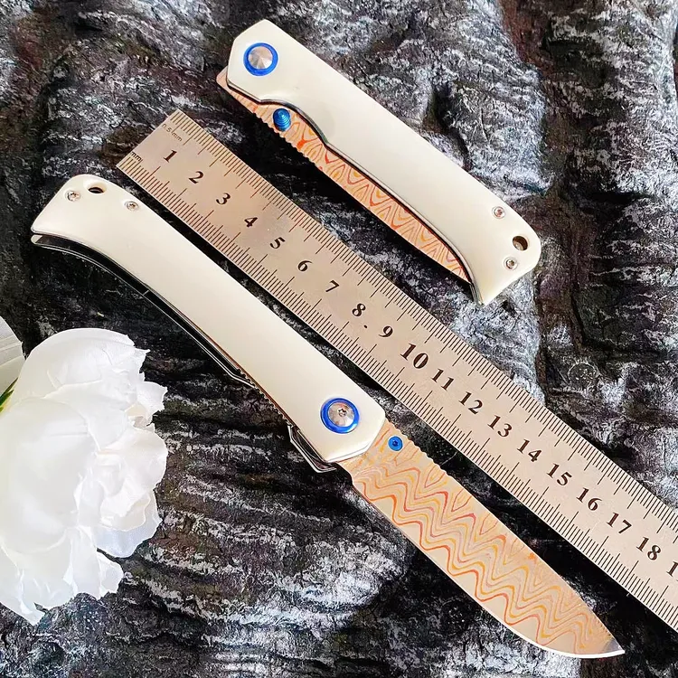 （新疆包邮）高端幻影 三色铜折叠大马士革钢锋利收藏手把肉折叠刀 