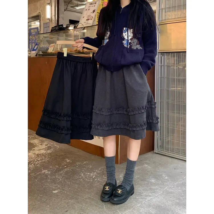 甜美时尚复古洋气毛呢蛋糕裙高腰显瘦百搭木耳边设计感A字中裙女