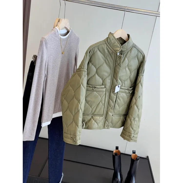 ZR！原！皮质法式小众立领绿色大口袋菱格棉服夹克外套