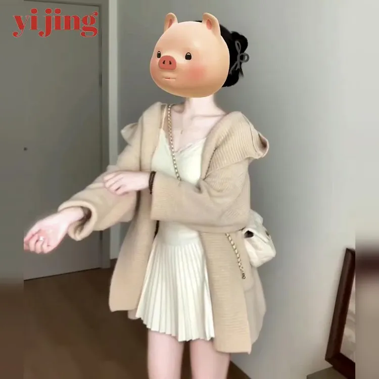 2025新款韩系慵懒风中长款毛衣外套女秋冬高级感连帽针织开衫上衣