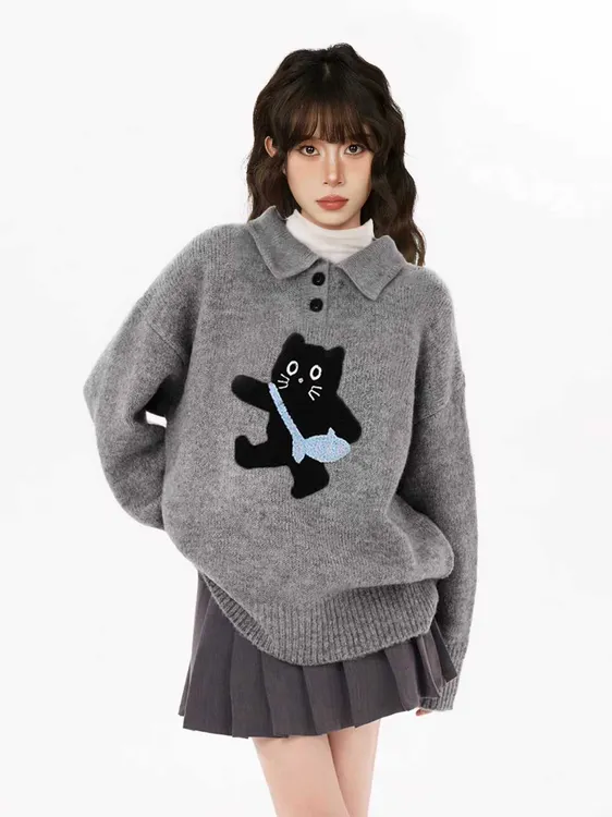 灰色POLO翻领猫咪套头毛衣女秋冬加厚宽松慵懒针织衫外穿春秋上衣