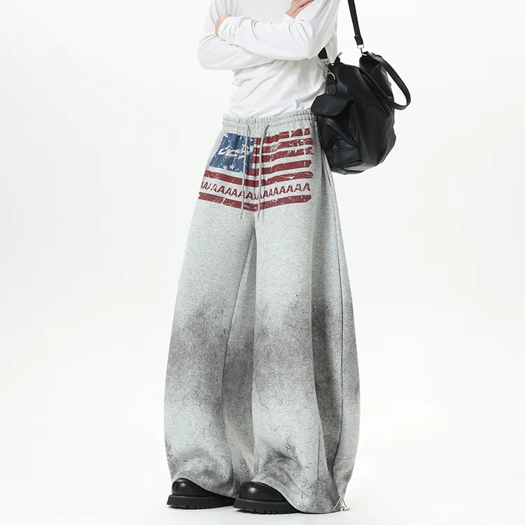 LlGGlCC痞帅炸街风做旧脏染印花抽绳阔腿卫裤男女同款宽松垂感裤