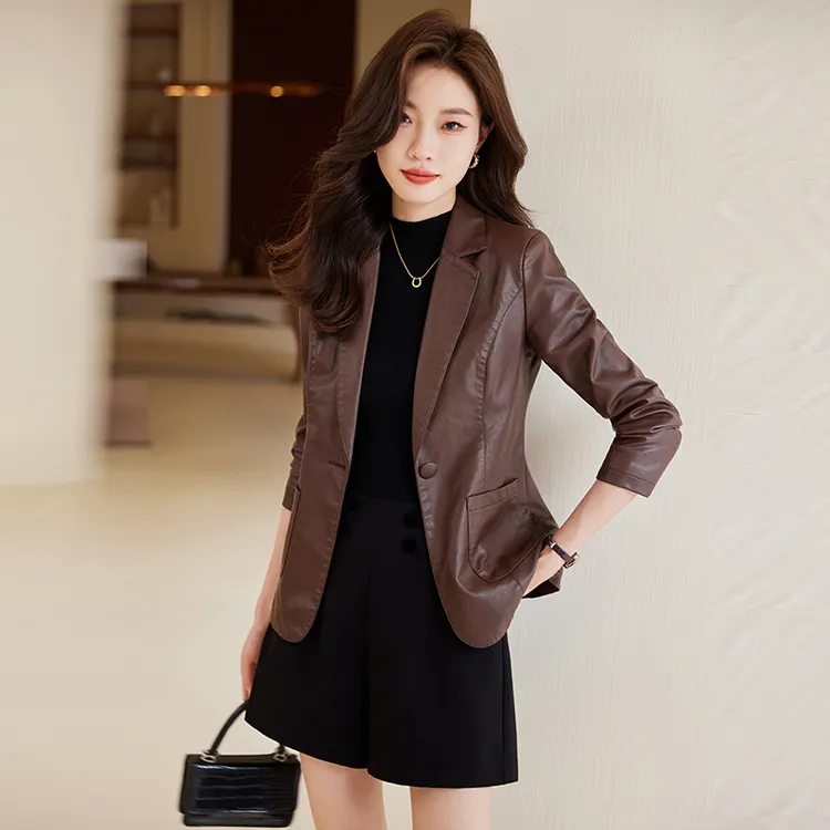 咖色小个子炸街西装皮衣外套女春秋2025新款气质复古黑小西服夹克