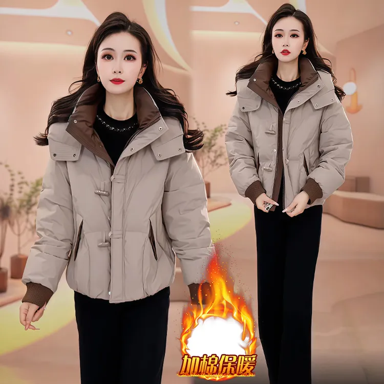 极简风韩版休闲棉服女2025冬季新款加棉加厚拼接拉链长袖立领上衣