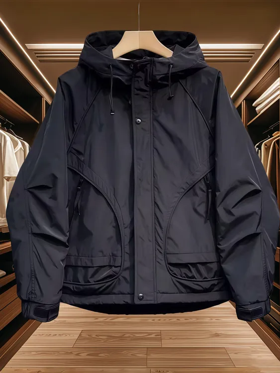 秋冬季新款加厚连帽冲锋衣外套男士潮牌纯色百搭休闲工装保暖棉服