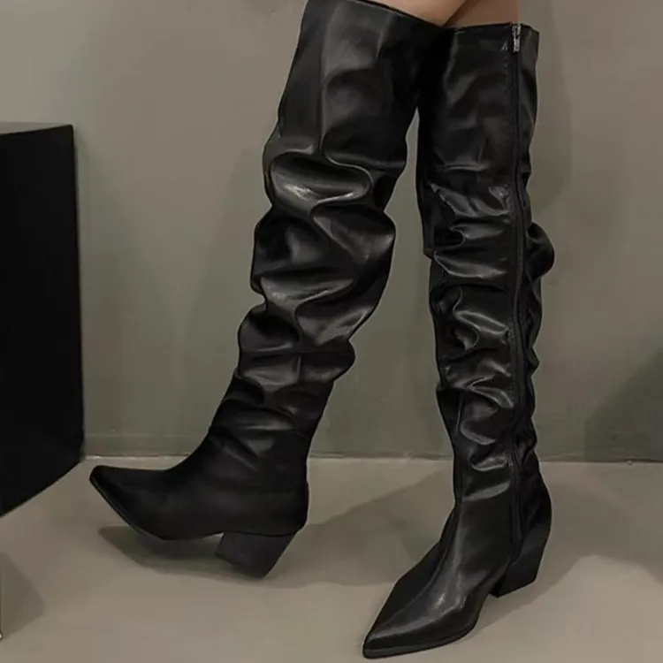 K03网红时尚中筒骑士长靴瘦瘦靴时装靴百搭短靴方头黑色