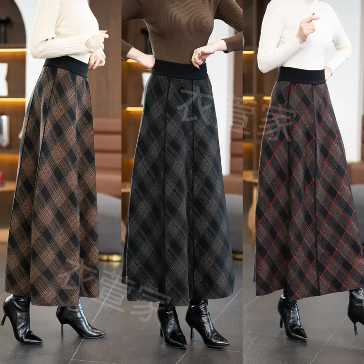 厚款秋冬新款高腰格子厚款长裙松紧腰垂感显瘦百搭时尚半身裙