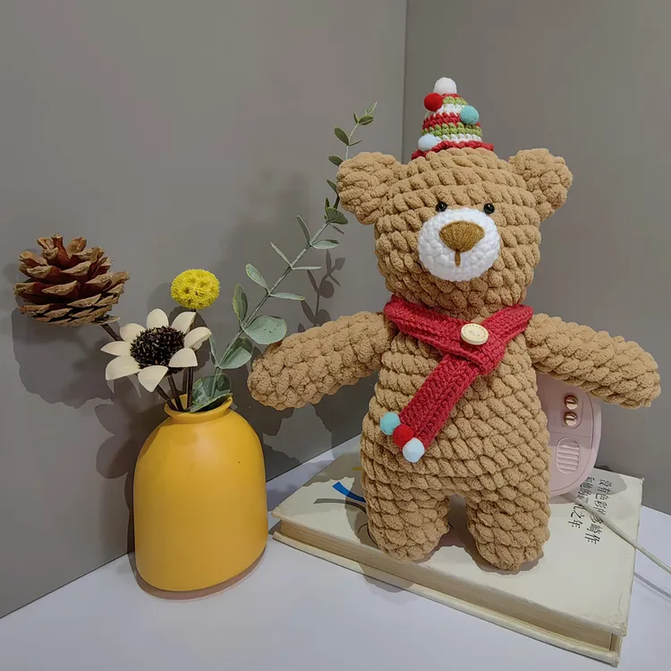 冰条线钩针圣诞围巾小熊玩偶手工编织diy成品礼物可爱钩织毛线