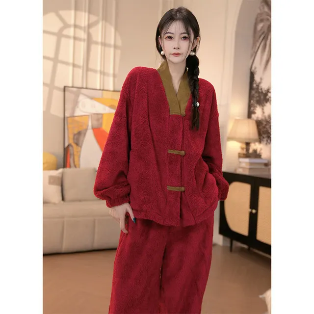 新中式加绒加厚睡衣女冬季新年本命年红色女士保暖家居服套装新