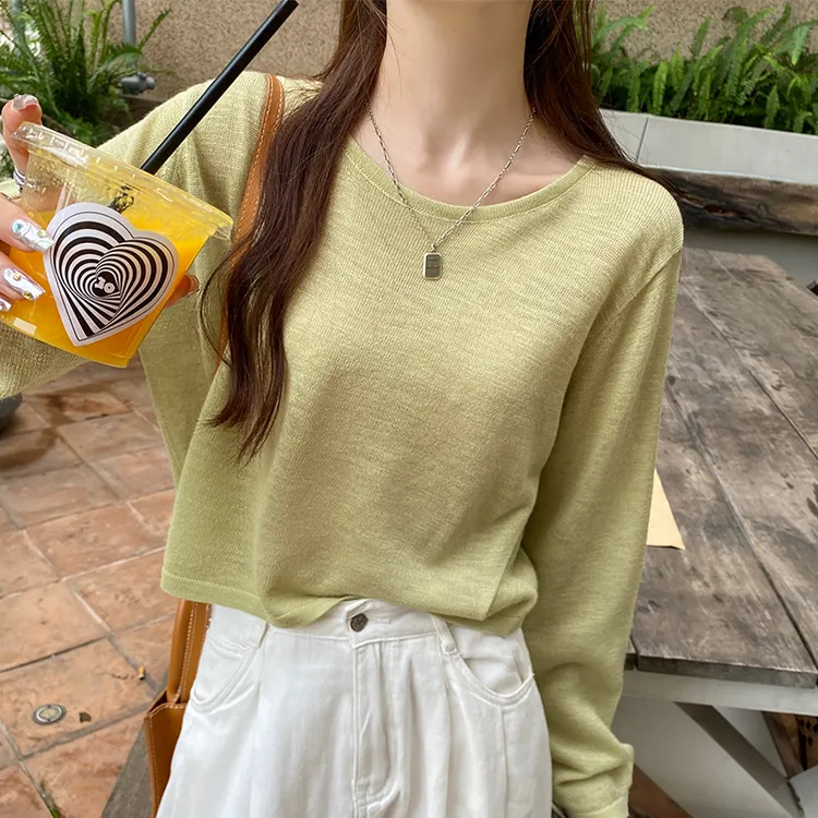 韩系温柔显瘦宽松防晒罩衫圆领长袖t恤女夏季新款针织衫上衣薄款