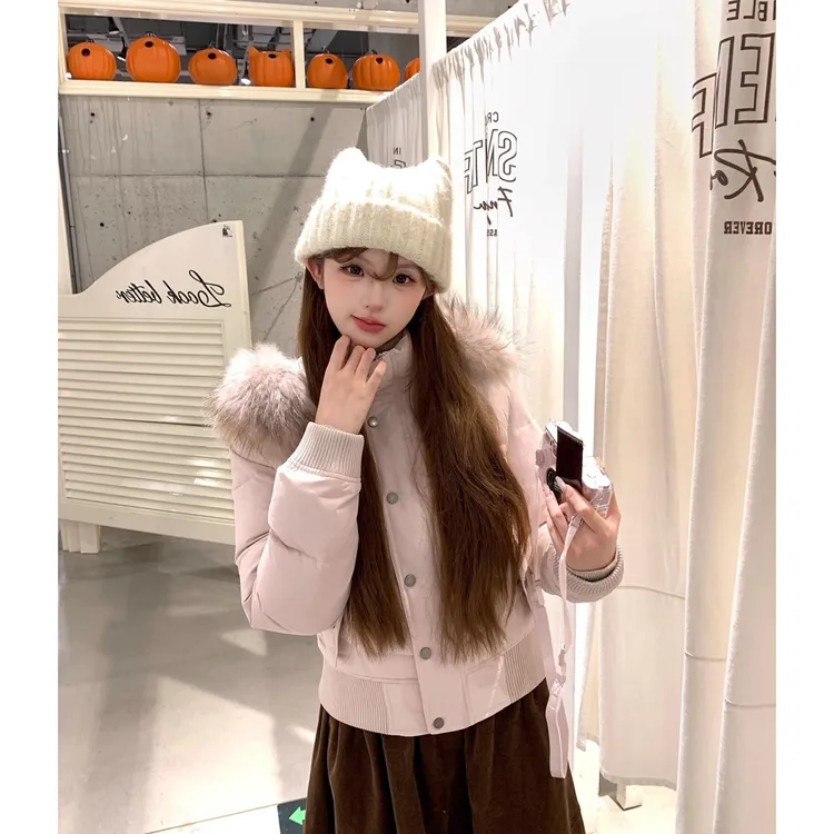 粉色大毛领羽绒I服女冬短款小个子修身显瘦加厚保暖90白鸭绒外套