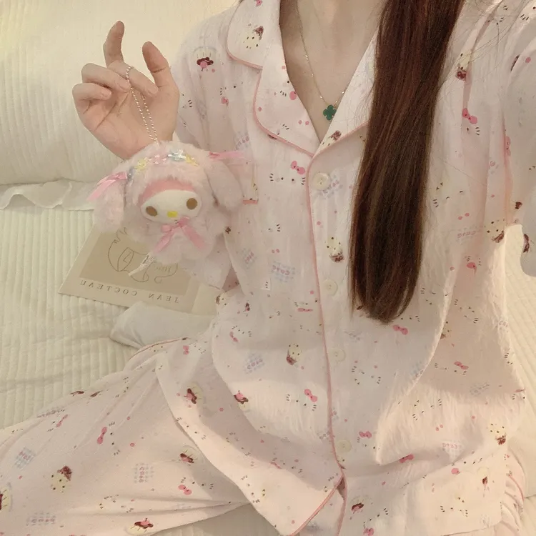 新款2025春秋季可爱粉色kt猫睡衣女卡通云朵棉两件套长袖居家服女