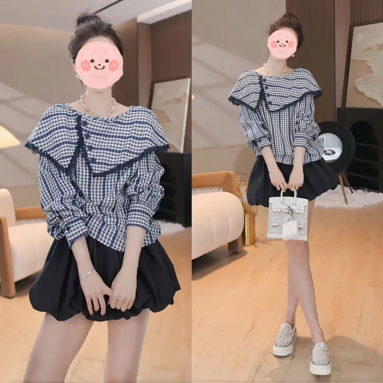 2025年春季新款时尚气质显瘦荷叶领衬衫百搭高腰显瘦半身裙套装女