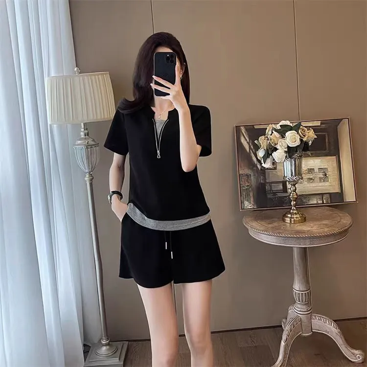 跨境时尚运动衣服女休闲套装夏季宽松显瘦短袖洋气短款两件套潮