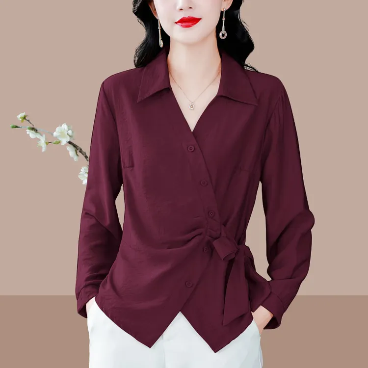 2025年秋装设计收腰女装女士上衣女遮肚子洋气打底衫别致长袖衬衣