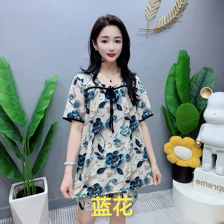 夏季方领短袖薄款家居服套装女士睡衣（上衣+短裤）8888凉感款