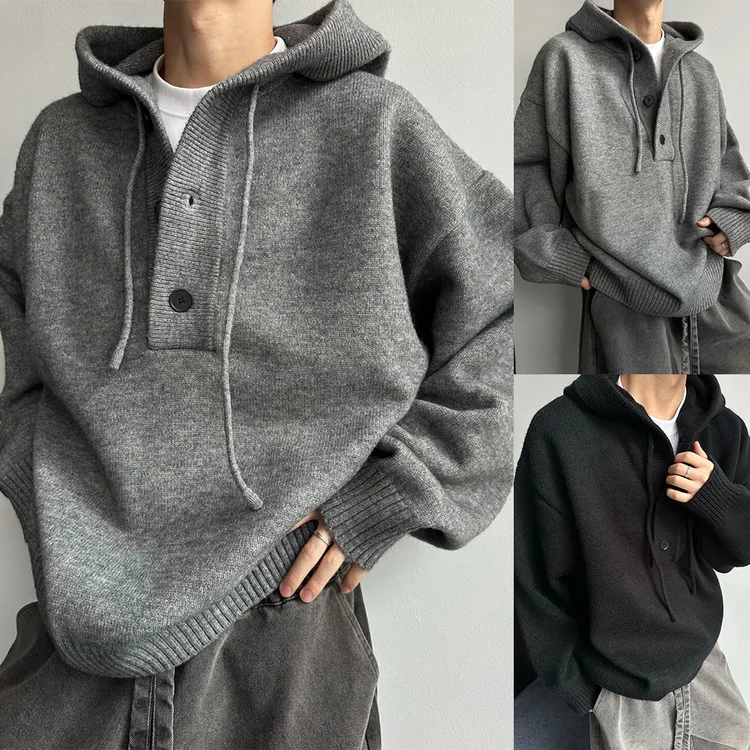 休闲百搭高级感男装连帽毛衣针织衫秋冬宽松大码慵懒风卫衣外套
