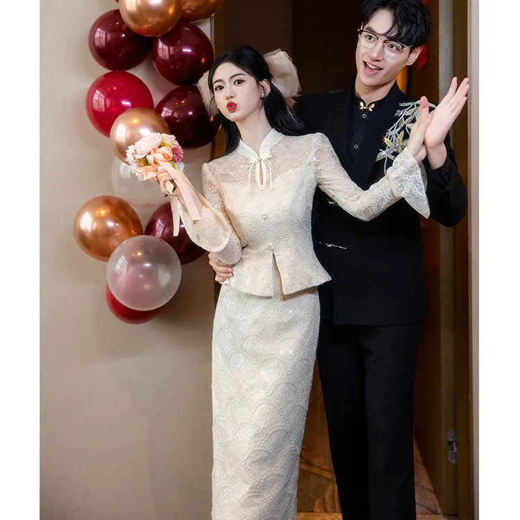 香槟色订婚旗袍敬酒服新娘新中式结婚礼服连衣裙高级感长袖两件套