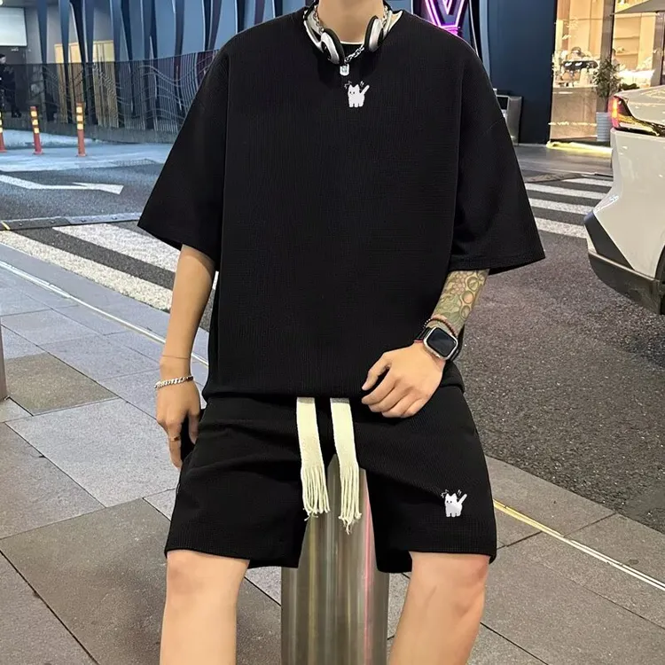 运动两件套装男士夏季高级感华夫格t恤短裤套装宽松休闲时尚夏装