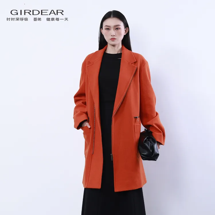 哥弟/GIRDEAR 秋冬新款时尚宽松西装领气质中长款毛呢外套140063