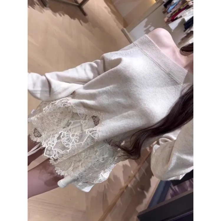 一字肩白色蕾丝针织衫毛衣女秋冬设计感宽松露肩上衣半身裙套装