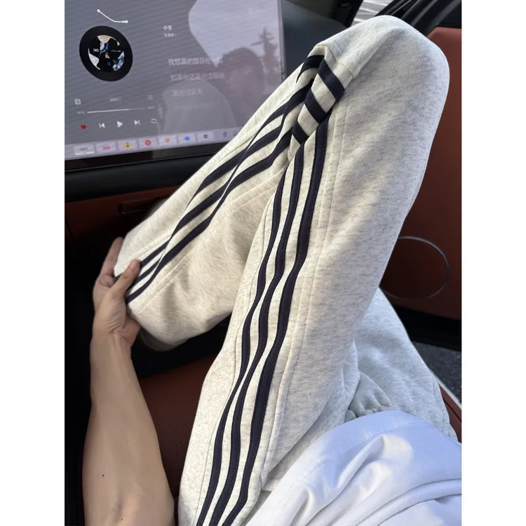 白花灰色三条杠条纹裤子男款美式复古运动卫裤宽松直筒重磅休闲裤